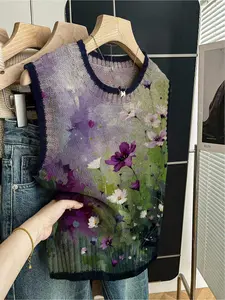 1 piece Spring/Summer Back-to-School Casual Style Loose Round-neck Sleeveless Knitted Dark Blue Embroidered Color-Contrasting Purple-Green Patchwork Floral Print Women's Knit Top, Knitting