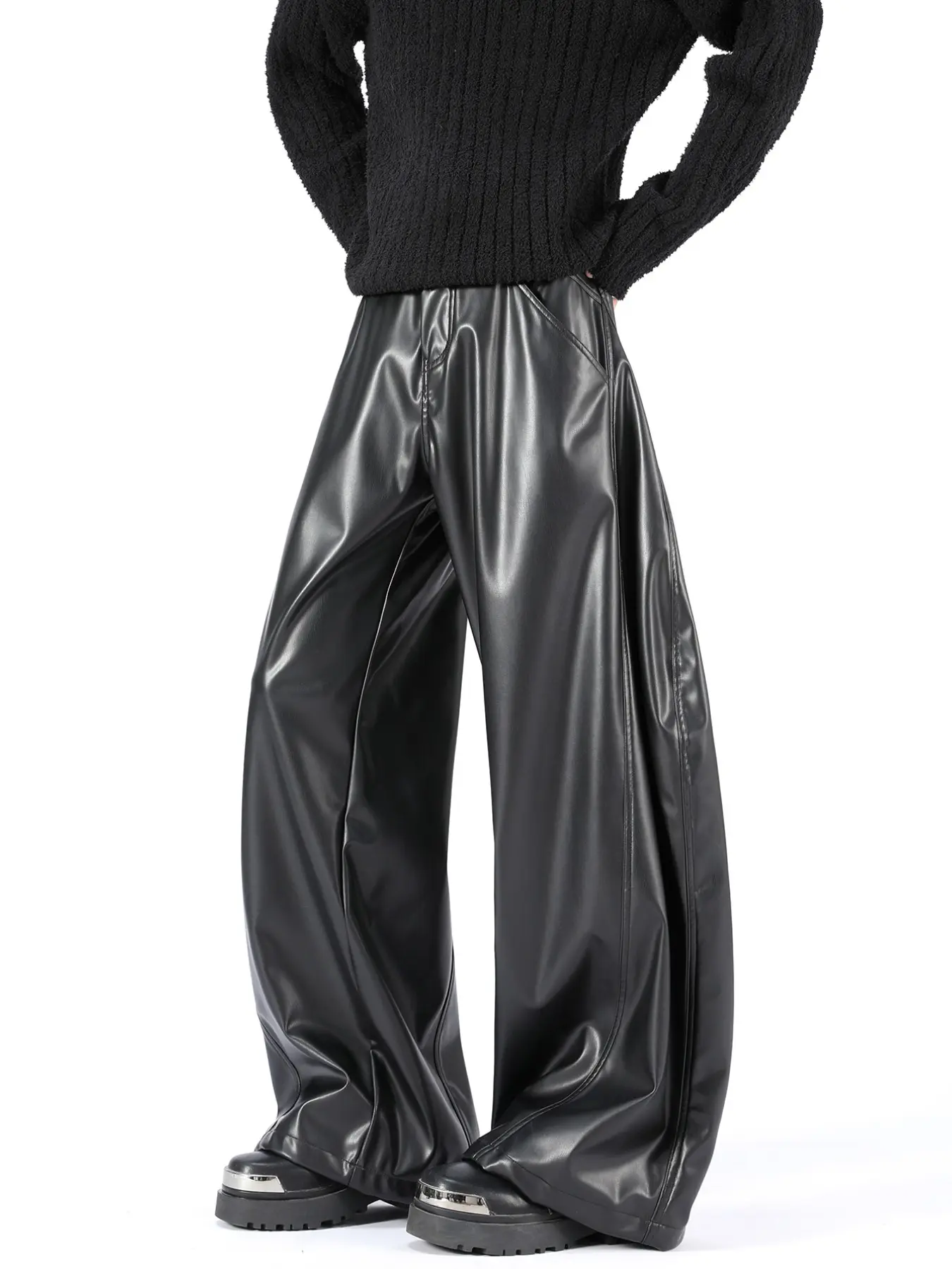 Men's Straight Leg Leather Pants, Plain Loose Comfortable Long Trousers, Versatile Single Piece, Casual Fashion