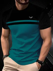 Men's Casual Classic Colorblock T-Shirt, Short Sleeve Round Neck, 3D Printing, Lightweight Polyester, Fashion Blue Stripes, All Seasons