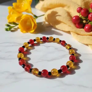 Dark Red and Yellow Fall Colors Glass Beaded Bracelet Stretchy 7 Inch Adjustable Fashion Accessory