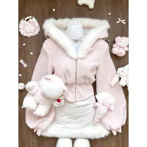 Winter Japanese Sweet Lolita Style 2 Piece Sets Women Lamb Wool Hooded Coat Cute Mini Dress Female Chic Harajuku Kawaii Suits