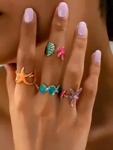 Boho Ocean Style Starfish Shell Ring Set, 4 Pcs Jewelry Collection, Unique Handmade Design, Perfect Gift for Her, Trendy Accessory