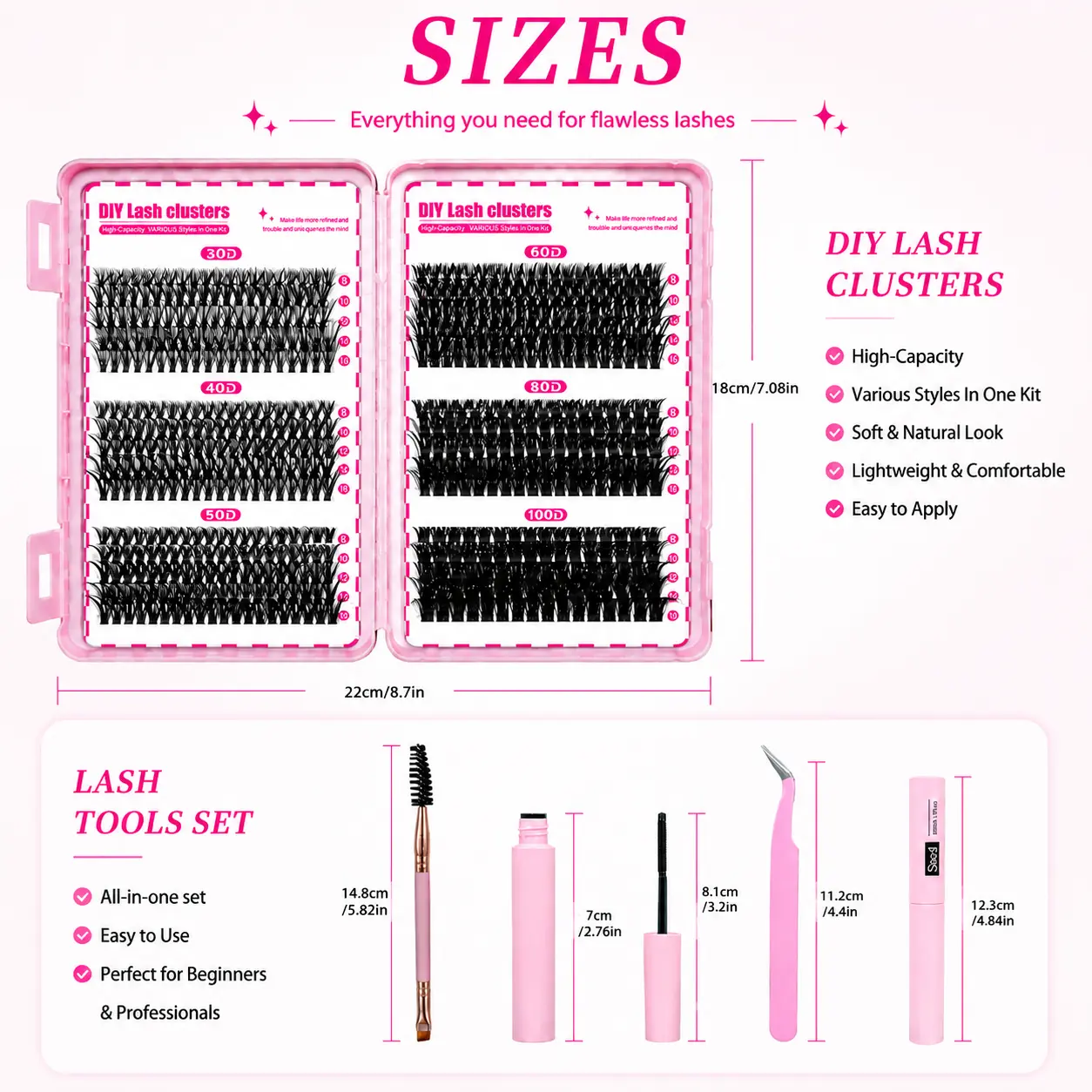 Lash Cluster Kit, All-in-One DIY Lash Extension Kit for Beginners, Long-Lasting Mixed 30D-100D Cluster Lashes with Bond & Seal, Gentle Remover & Tweezers, At-Home Lash Extensions Starter Set