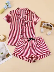 Women's Sleepwear Set, Pajama Set, Shorts Pyjama Set, Printed Pajama Set, Short Sleeve Top with Bow and Striped Print, Matching Shorts, Comfortable Casual Daily Wear, Loungewear