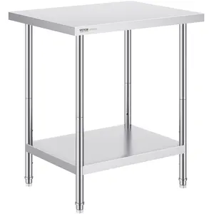 【Summervibes】VEVOR Stainless Steel Prep Table with Shelf, 24x30x34 In, 700 lbs Load Capacity, Heavy-Duty Metal Worktable with 3 Adjustable Height Levels, Kitchen Storage Rack & Open Display Shelf, Commercial Workstation for Kitchen & Garage