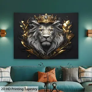 1PC,2D Flat Luxury Black Gold Crown Lion Tapestry, Artistic Stereo Printed Wall Hanging, Living Room Bedroom Wall Decor, Home Soft Decoration & Photography Backdrop, HD Printing, Unique Design,, Decor Items, Bedroom Decor