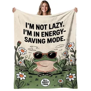 1pc, Lazy Frog, Flannel Blanket Soft, Warm, Cartoon Design Print Pattern, for Living Room, Bedroom, Office, AllSeason Use, Halloween | Christmas | Room Decor | Fall Decorations for Home, 280gsm