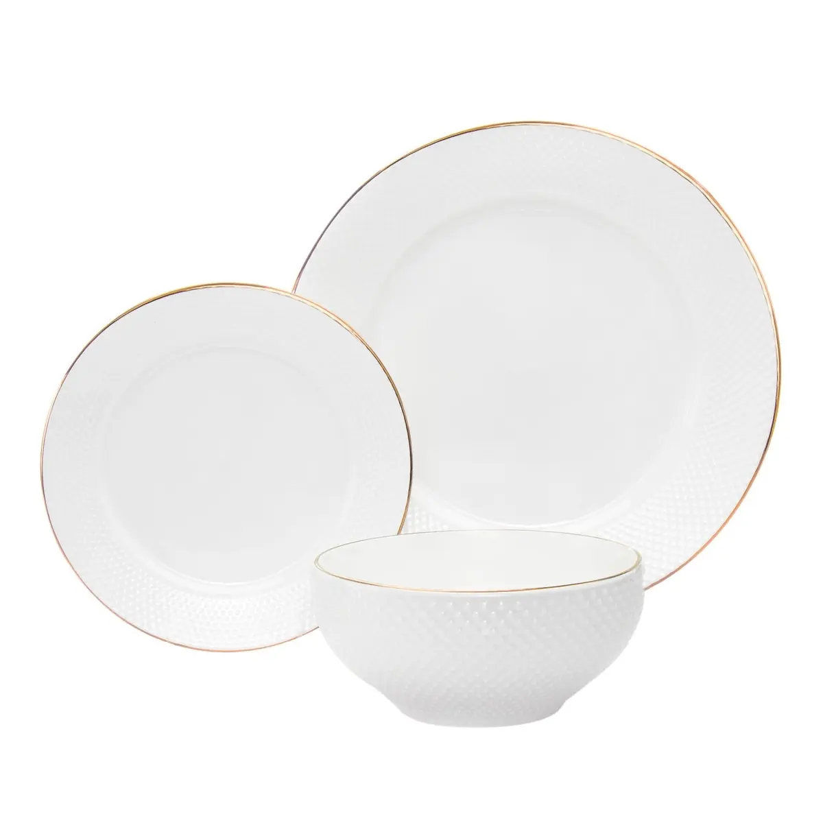 212 MAIN Pique Gold Rim Porcelain Dining Plate Set - 18-Piece White Hobnail Texture Dinnerware Kit with Plates, Bowls, and Dining Components for Kitchen Use