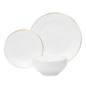 212 MAIN Pique Gold Rim Porcelain Dinnerware Service Set - 18-Piece White Hobnail Texture Kit, Including Plates, Bowls, and Dining Plate Set Components