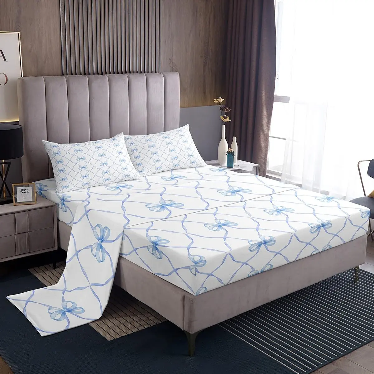 Bowknot Bed Sheets Set Bow Knot Sheet Set Butterfly Knot Bow Tie Sheets Aesthetic Coquette Bedroom Decor Geometric Cartoon Blue Flat Fitted Sheet