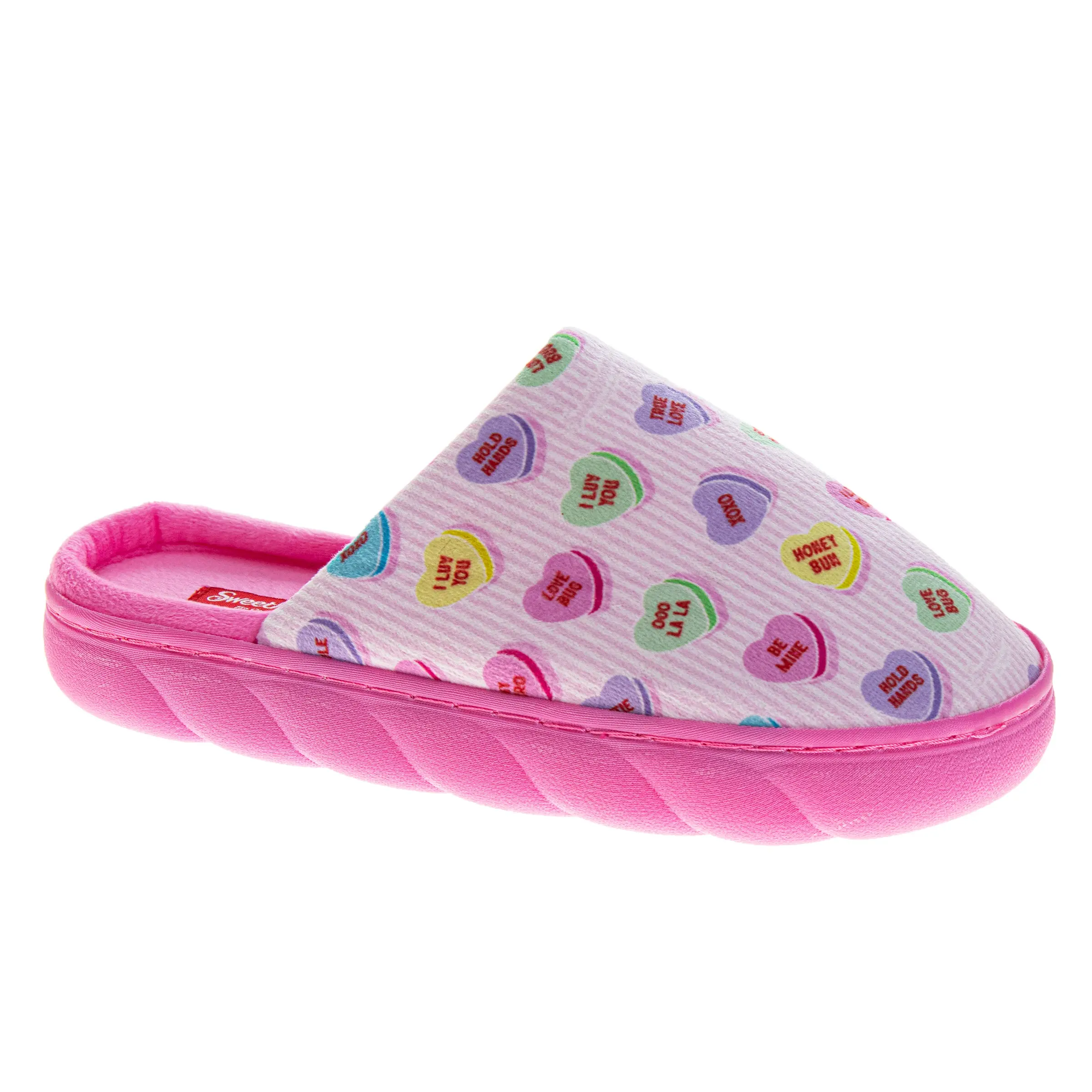 Josmo Sweethearts Women's Slippers, Conversation Heart Print Slide Shoe with Plush Faux-Fur Lining and Cushioned Footbed, Footwear, Soft