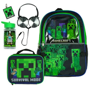 Minecraft Backpack 5-Piece Set Creeper Survival Mode Kids Book Bag 17" Minecraft Backpack 5-Piece Set Creeper Survival Mode Kids Book Bag 17"