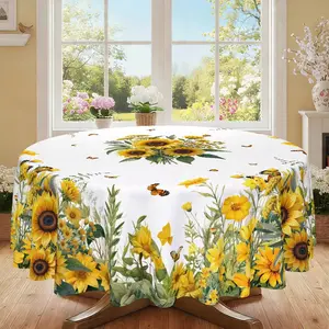 Sunflower Print Round Tablecloth, 2D Flat Polyester, 120g/m², Furniture Protector, Party Decor, Holiday Gift, Hotel, Restaurant, Home