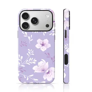 Lavender Base Soft Pink Sakura Floral Design Aesthetic Phone Case 2 in 1 Case for iPhone 17 Pro Max/16 Pro Max /15Pro Max 15/14/13/12 & Samsung S26 /S25Ultra Tiktok Hot Selling