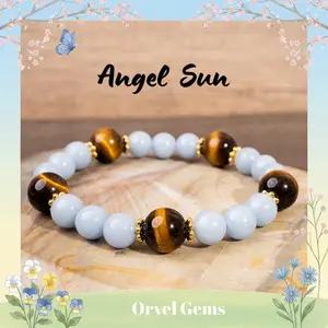8mm Angelite Crystal with 10mm Yellow Tiger’s Eye Crystal Bracelet – Crystals for Relaxation, Inner Peace, Strength & Daily Protection