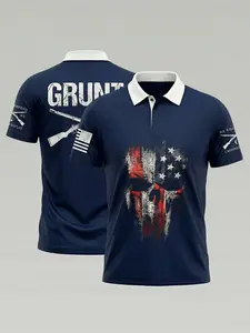 Grunt Patriotic Tactical Polo Shirt, Distressed Flag Skull Graphic Tee, Military Style V-Neck Short Sleeve, Breathable Performance Fabric for Men, Outdoor Veteran Apparel