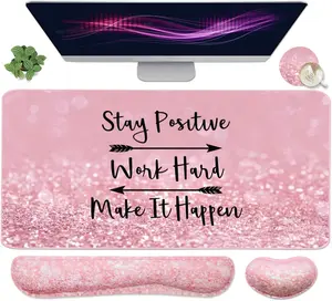 4-in-1 Large Mouse Pad and Keyboard Wrist Rest Set – Desk Mat with Wrist Support for Home Office, Gaming & Study – Pink "Stay Positive" Design