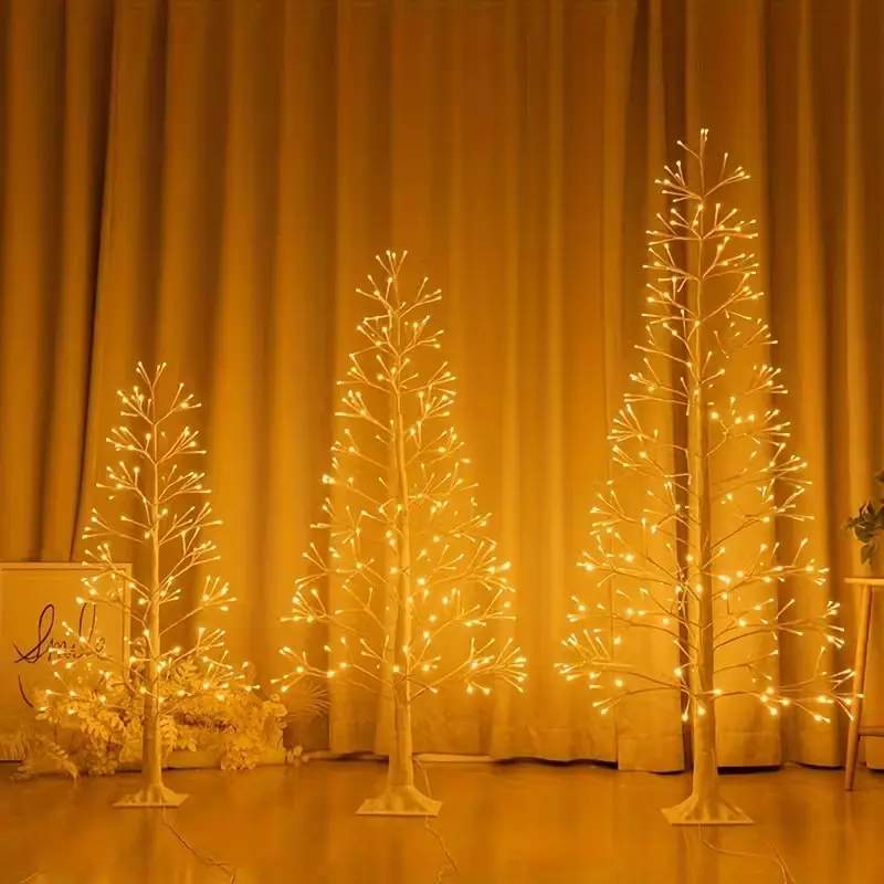 Lighted LED Birch Tree - 4ft/5ft/6ft Triangle, Warm White USB-Powered Artificial Tree with Free-Hanging Small Ornaments, for Home Holiday Decor, Festive Occasions