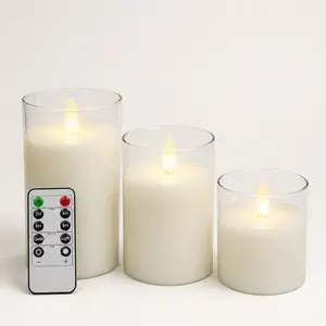 3-Pack White Real Wax Glass Flameless LED Candles - Battery-Powered, Child-Friendly Decorative Night Light with Remote, Timer, Adjustable Lighting Modes - 4in,5in,6in Warm Flickering Indoor Home Decor for Dinner, Yoga, After Dark, Party Lights