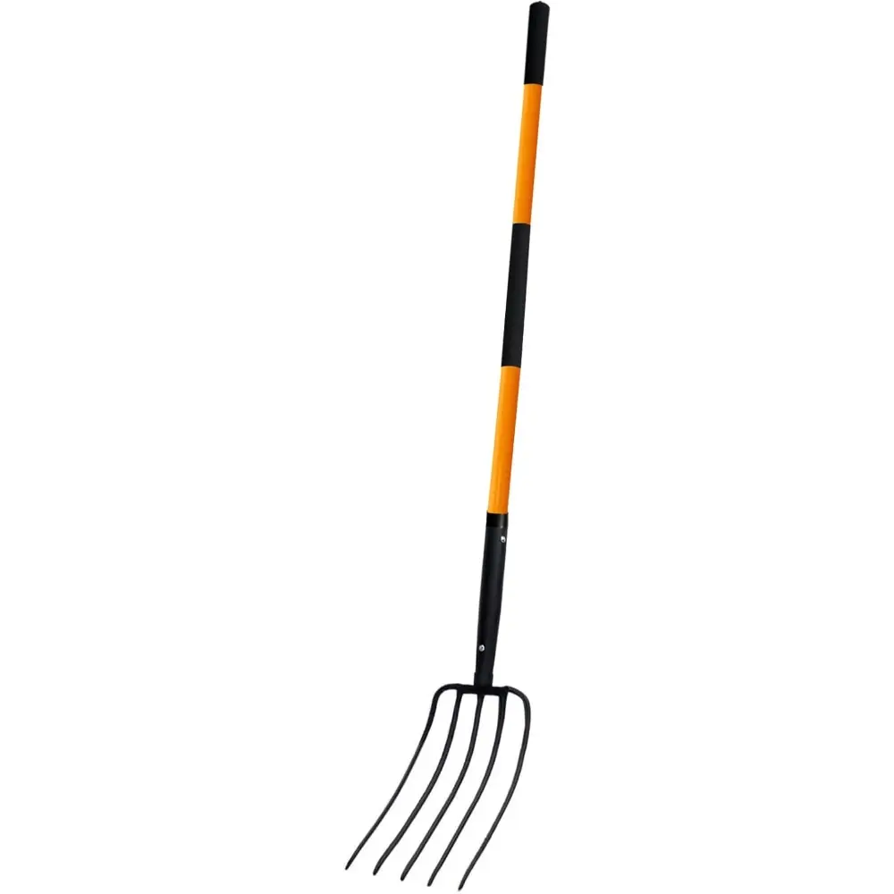 Carbon Steel Gardening Pitchfork, 58-in Heavy-Duty Tool with Fiberglass Handle & Non-Slip Grips, Efficient for Mulch, Manure, Compost Handling to Reduce Back Stress