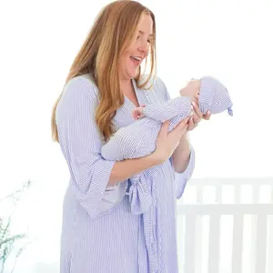Buttery Soft Bamboo Blue Stripe Maternity Robe + Newborn Gown Set