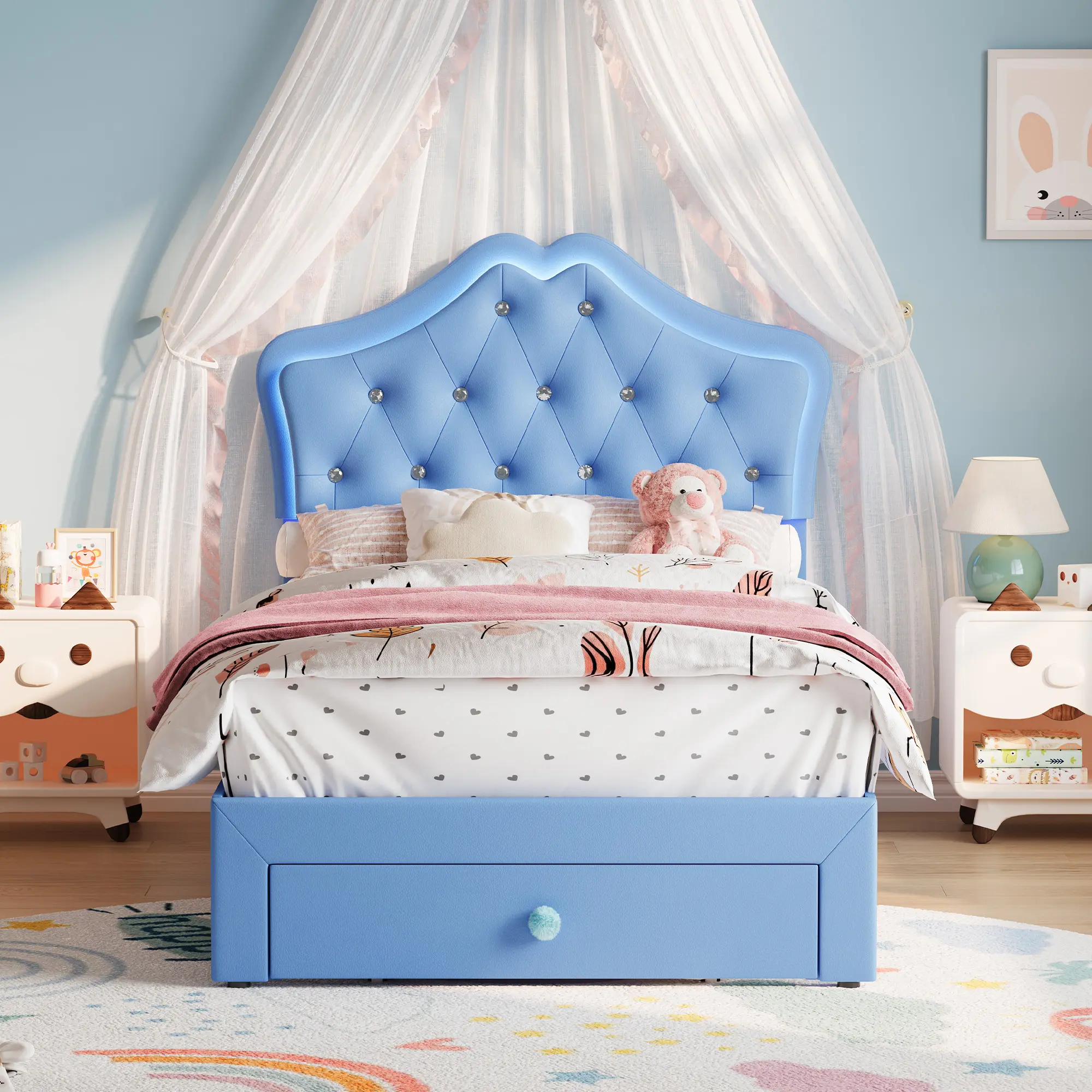 Twin Princess Bed Frame with LED Lights and Under-Bed Storage for a Cozy Kids’ Room
