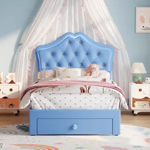 Twin Princess Bed Frame with LED Lights and Under-Bed Storage for a Cozy Kids’ Room