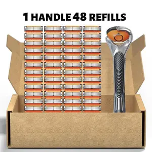 5-Blade Manual Razor, Comfortable Smooth Shaving Handle, Non-Slip Ergonomic Handle, 1 Handle with 48 Blades
