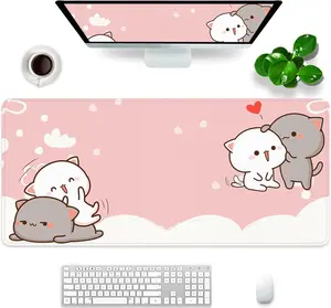 Pink Large Gaming Mouse Pad Cat Desk Pad XXL Cute Mouse Mat 35x15.7x0.12 inch Desk Accessories Kawaii Desk Mat (Pink Cat -2)