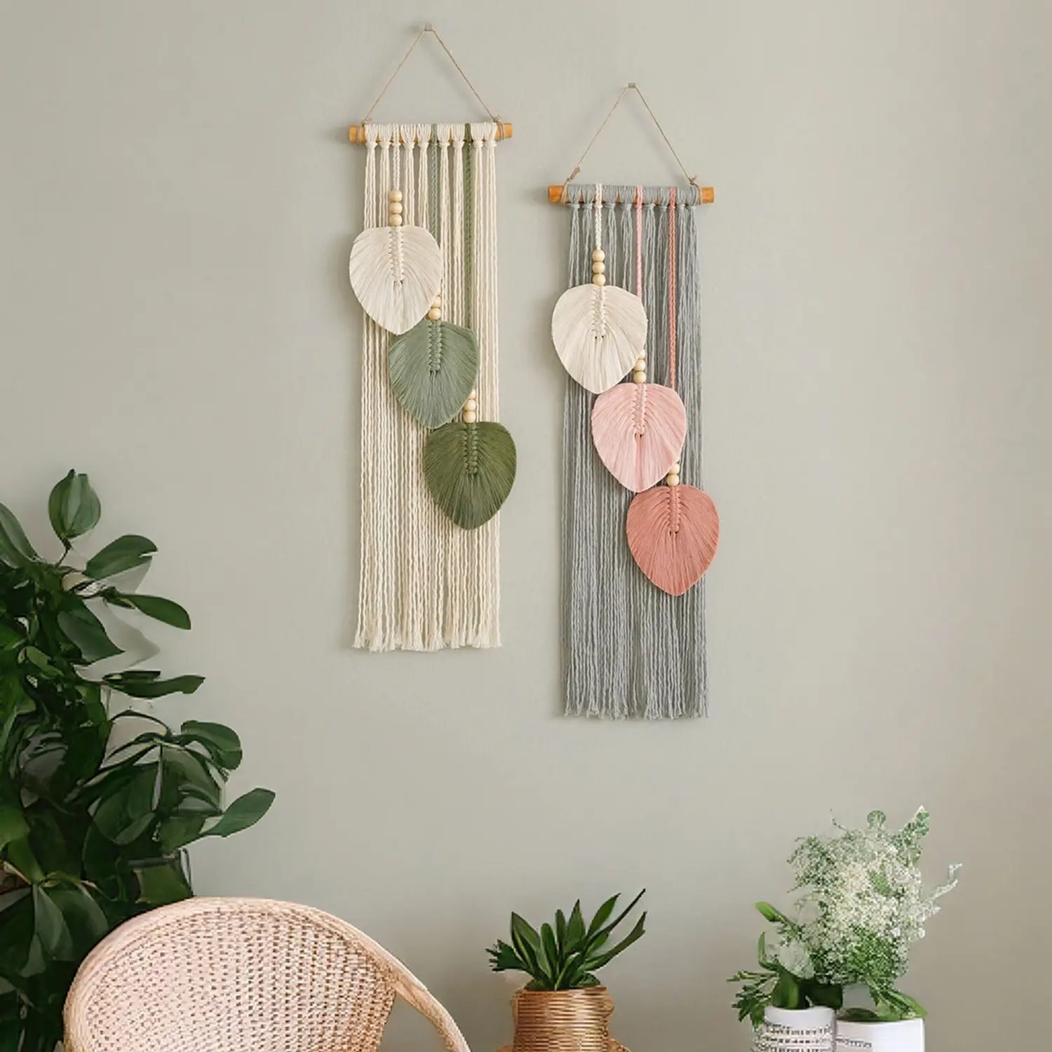 Macrame Wall Hanging Boho Style, Bohemian Tapestry Style, Leaf Design, Handmade Fringe Unique Leaves Fiber Art Rug, Living Room Bedroom Background Decor, Wall Tapestry