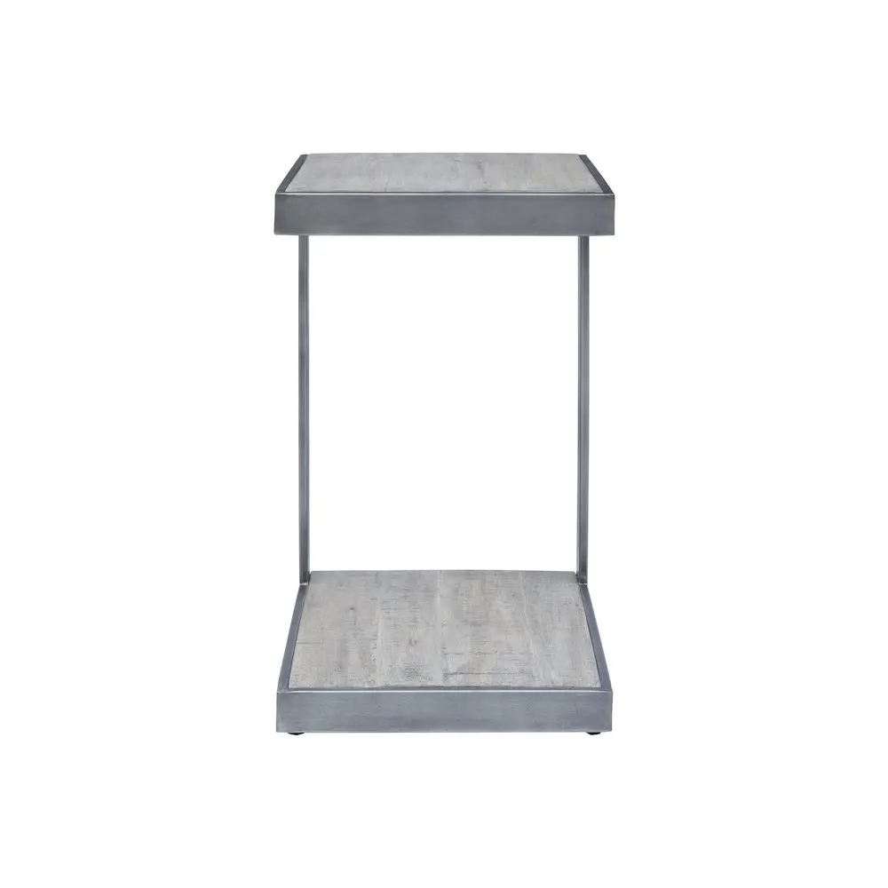Global Archive Distressed Acacia Wood and Stainless Steel C-Shape End Table, Lightweight Compact Indoor Side Table