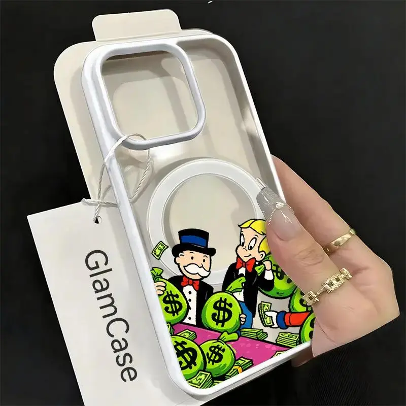 Cartoon Money Bags Acrylic Smartphone Case, Rich Lifestyle Style Protector Cover for iPhone 17,16,15,14,13,12,11 Plus Pro Max,A17 Casing