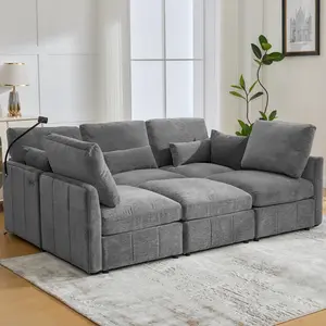 85.4" U-shaped Sofa Couch Sofa Bed Modern Sectional Sofa Modular Sofa ,L-shaped Sofa with a Movable Ottoman and Two USB Ports and a Phone Holder for Living Room, Grey