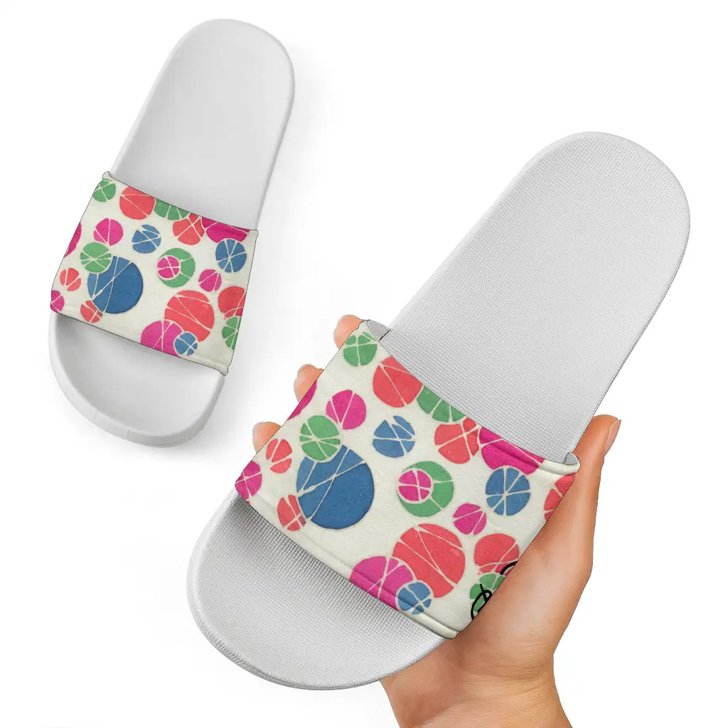 Tossed Medium Pastel Dots On White Slide Sandals