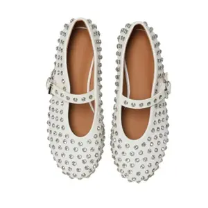 Full-Studded Mary Jane Flats with Round Toe, Adjustable Buckle Strap, All-Over Silver Rivet Embellishments, Low Flat Heel