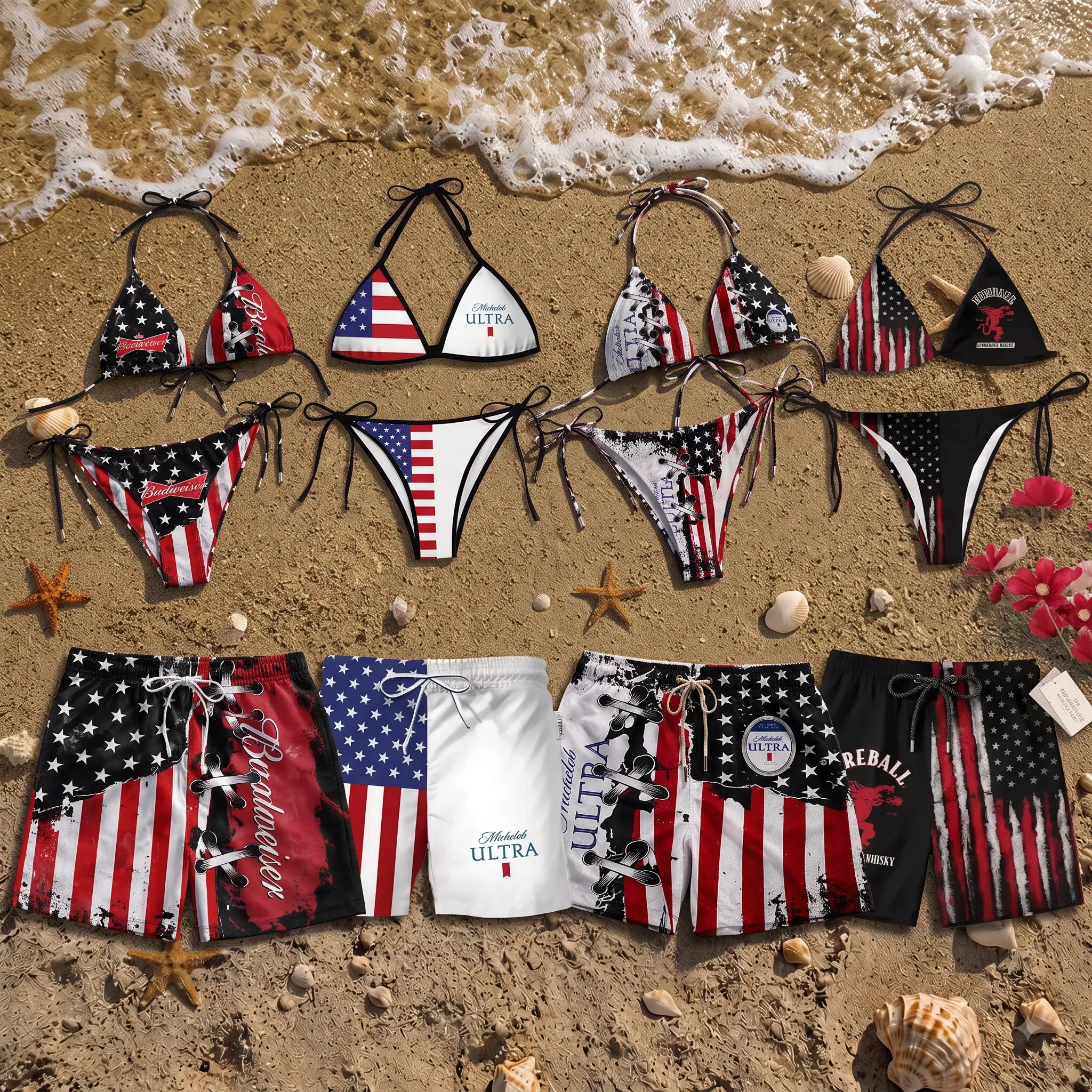 Budweiser Michelob Ultra Fireball American Flag Matching Bikini and Hawaiian Shorts Set, Patriotic Couple Swimwear with String Bikini for Women and Quick Dry Board Shorts for Men, Red White Blue Beach Pool Vacation Outfit