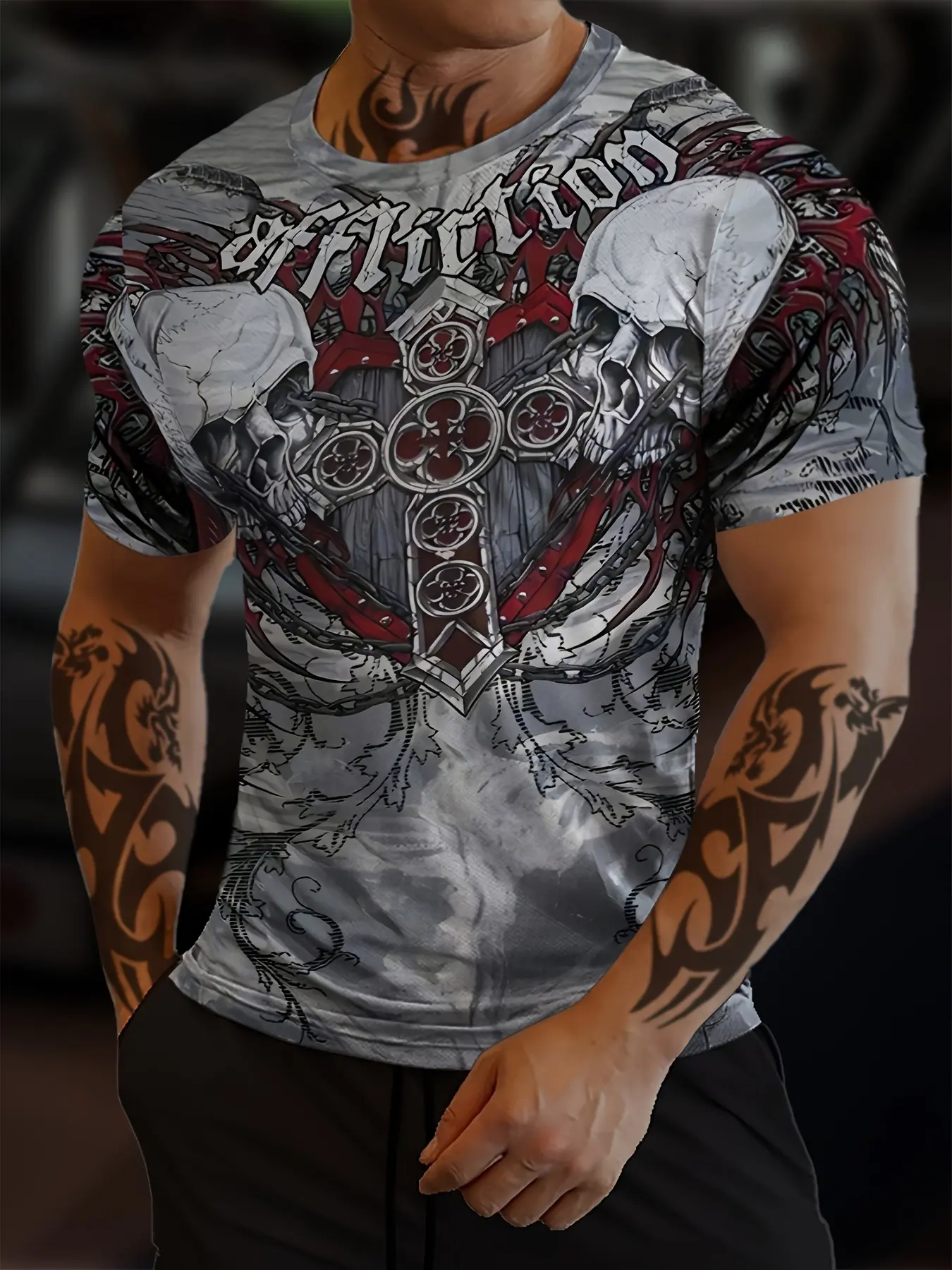Plus Size Men'S Sports Compression Shirt - Featuring a Skull And Wings Design, Fitness T Shirt, Fitness Sport Top, Made of High-Elastic, Short-Sleeved with a Round Neck, Machine Washable, Perfect for Running And Sports Activities, Fitness Shirts
