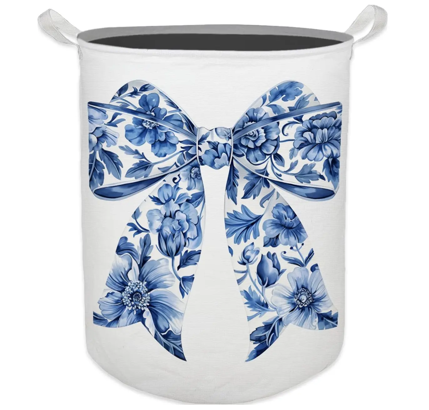 Coquette Blue Bow Laundry Basket, Toybox for Girls, Blue and White Porcelain Chinoiserie Bow Laundry Basket Hamper Waterproof Collapsible Storage Bin Organizer for Bedroom Girls Room Clothes
