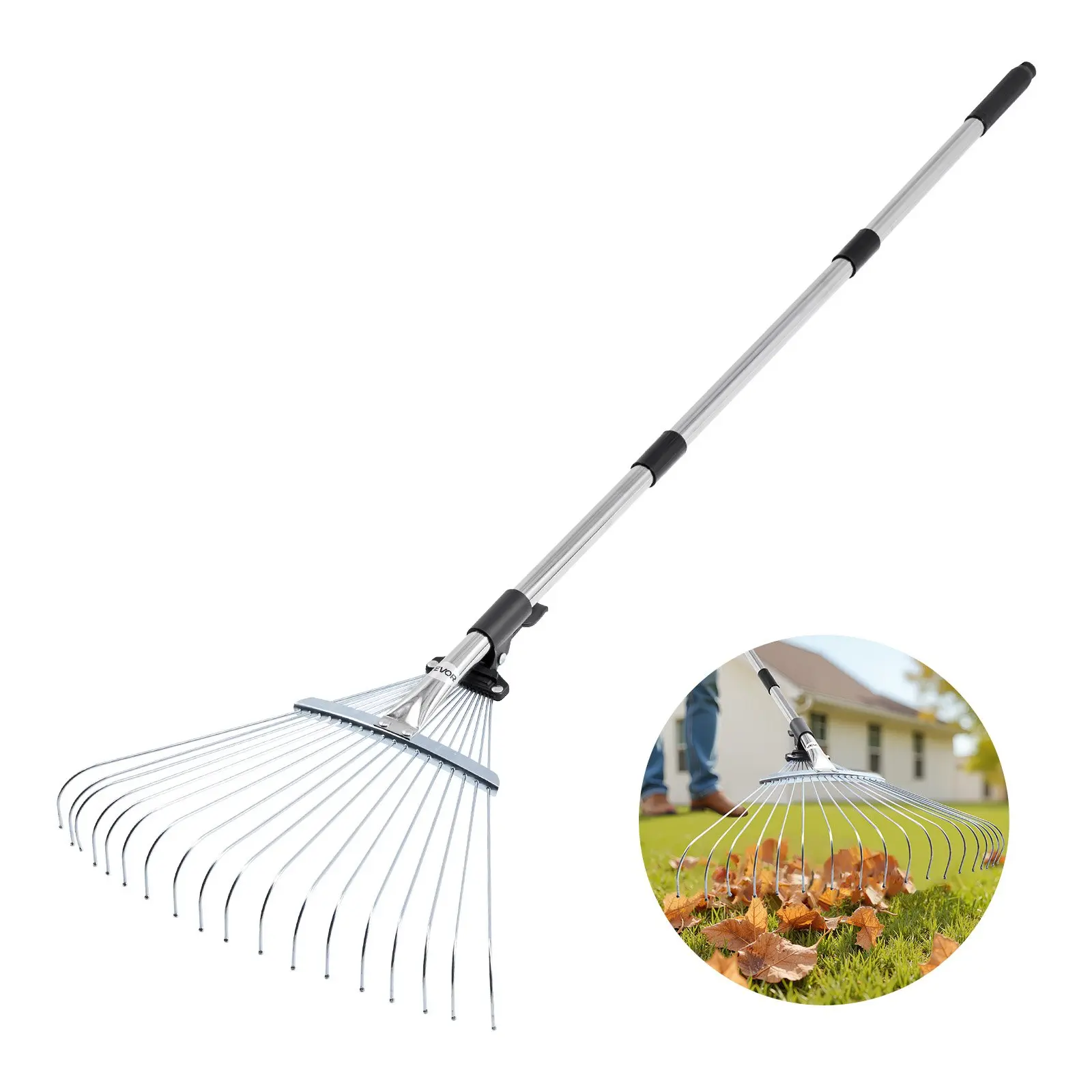 VEVOR Leaf Rake, 18 Metal Tines, Adjustable Garden Rake for Lawns with ...