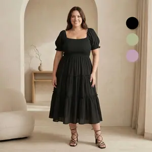 Plus Size Puff Sleeve Magic Dress | Flattering Square Neck Tiered Midi