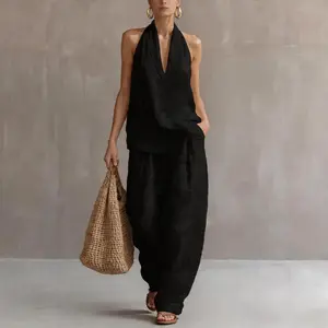 Women’s Summer 2 Piece Boho Halter Neck Two Piece Set  Casual Travel Sleeveless V Neck Sweater Backless Vest High Waist Wide Leg Pants Outfits