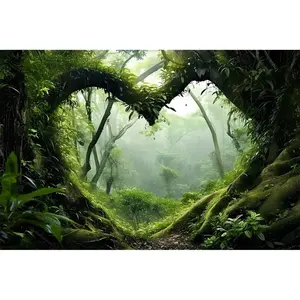 AWERT 24x12 inches Polyester Tropical Rainforest Terrarium Background Stream Green Huge Tree Reptile Habitat Background Foggy Rainforest Aquarium Background