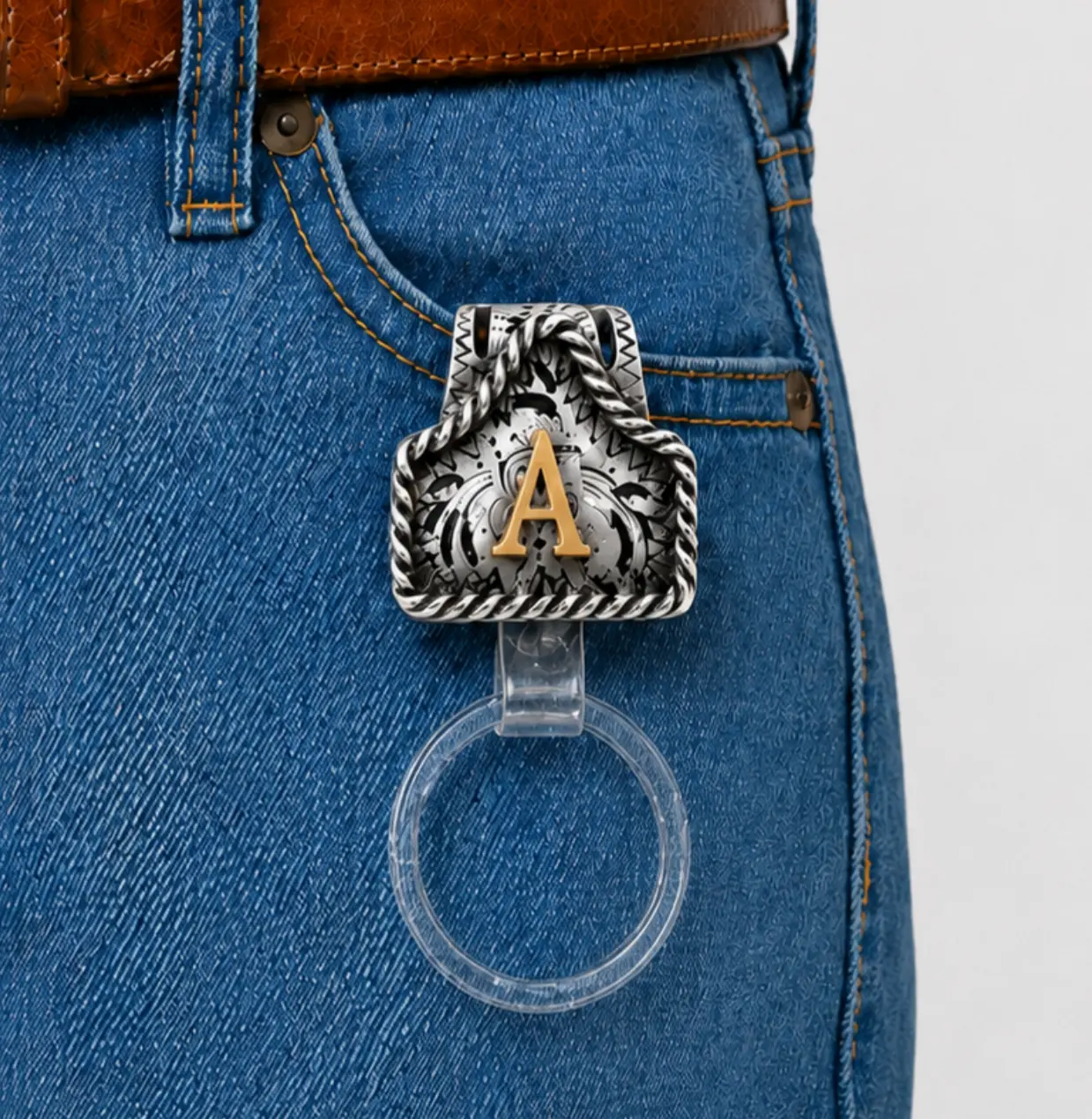 Antique Silver 3D Hollow-Carved Cow Tag Belt Key Holder with Twisted Rope, A-Z Initial Charm, Western Clip for Rodeo Outfits, Cowgirls & Bag/Pocket Accessories, 3D Hollow-Carved Detail, Everyday, Unisex, 2.5 In X 1.1 In
