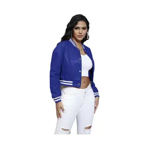 Varsity Jacket Women Crop Bomber Jacket Button Down Faux Leather