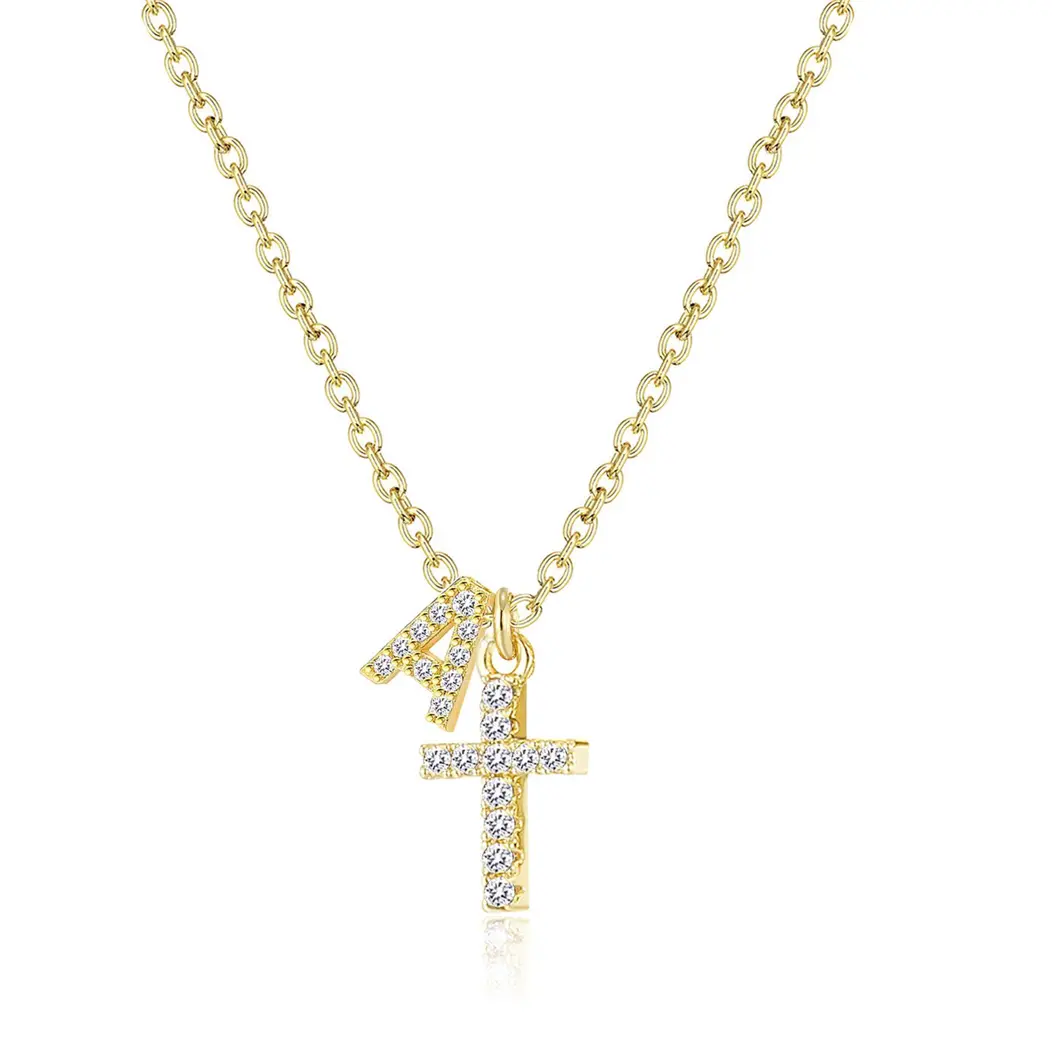 Women's Metal-Coated Cross Initial Necklace - 26-Letter Personalized Design, Sparkling Cubic Zirconia Inlay, Chain & Link Style, Faith Gift for Daily Wear