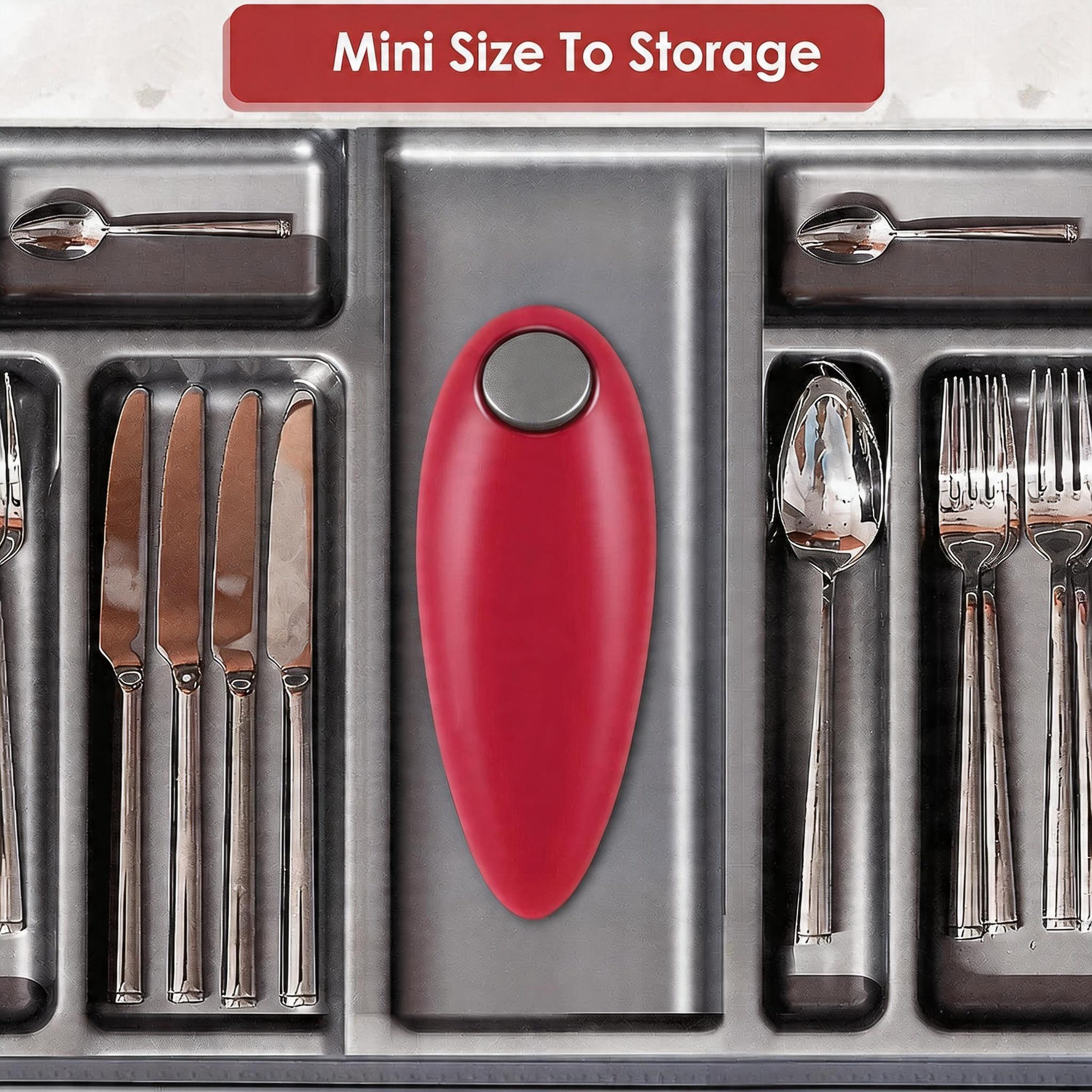 Electric can opener suitable for all can sizes. Kitchen food safety electric can opener with smooth edges. Battery-powered can opener for kitchen use, ideal for seniors, arthritis sufferers, and chefs.