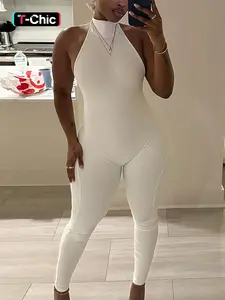 Women's Sexy Halter Neck Tie Waist High Waist Bodycon Jumpsuit, Fashion Chic Aesthetic Minimalist Solid Sleeveless Backless Slim Fit One-Piece, Street Casual Womenswear for Spring Summer New