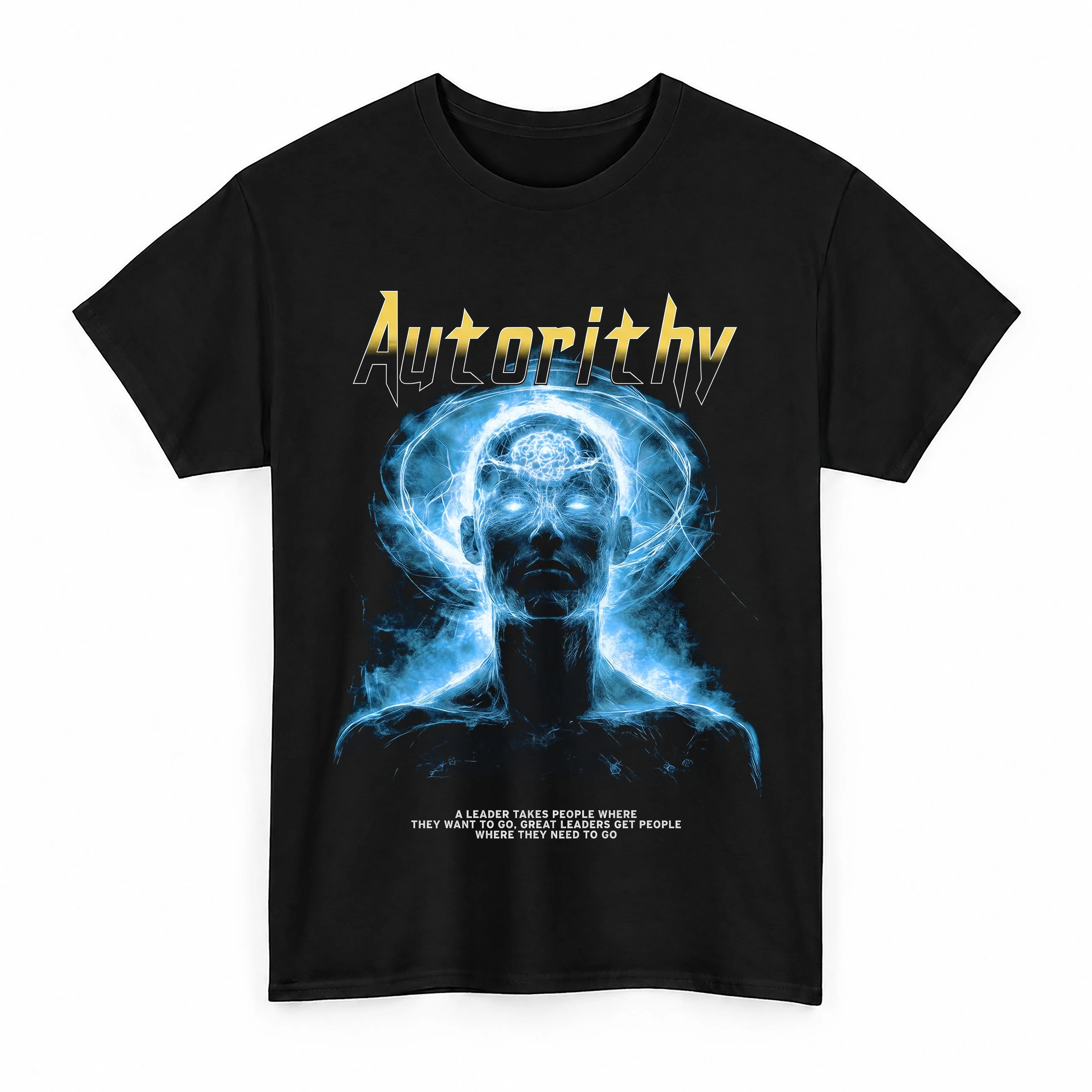 Glowing Mind Energy Cyber Graphic Tee, Futuristic Brain Power Streetwear T-Shirt, Sci-Fi Leadership Aesthetic Top