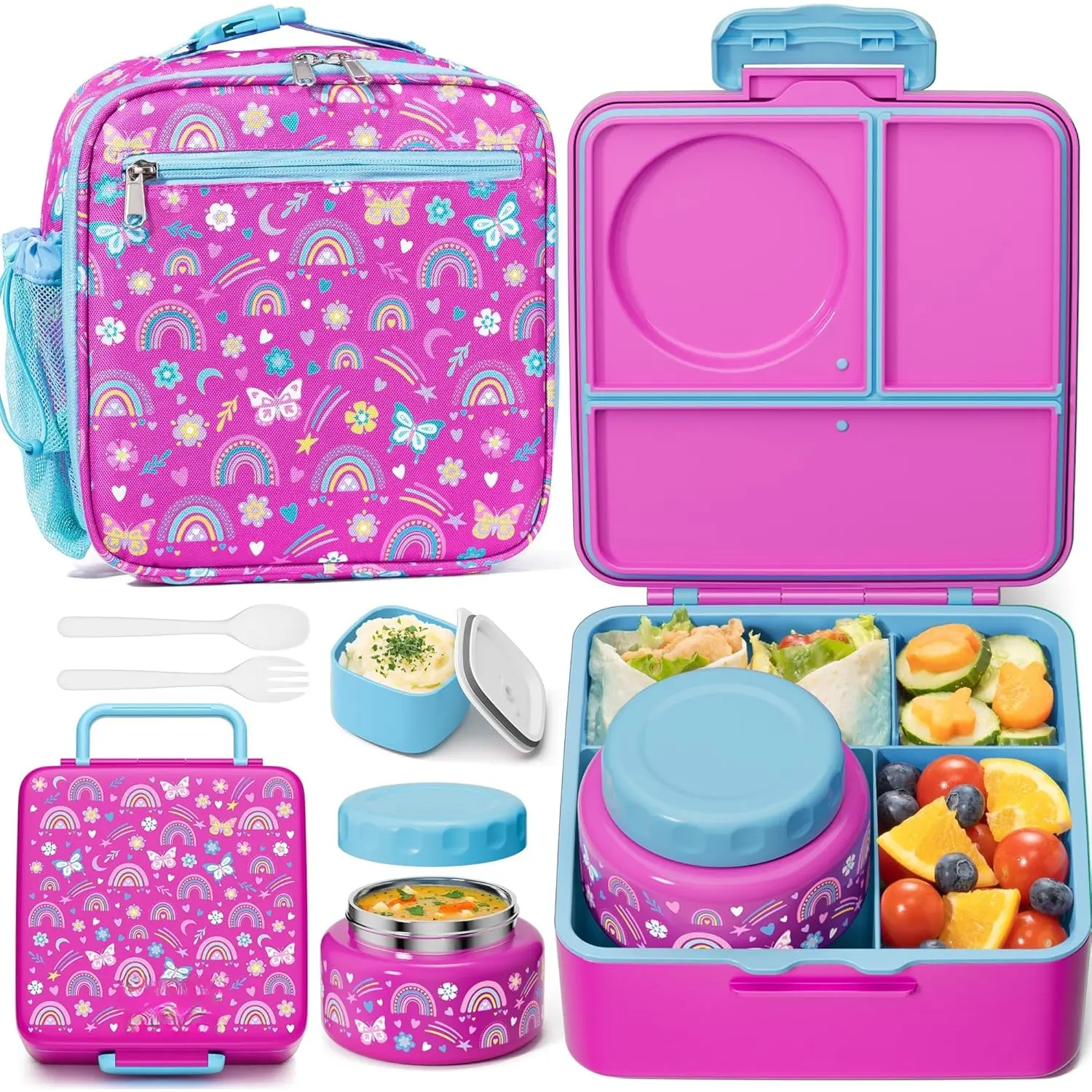 Bento Lunch Box with Thermos, Leakproof  Bento Box with 8.5 OZ Insulated  Jar, Lunch Bag & Utensils  Dishwasher Safe 3 or 4 Compartment Container for School Girls Boys