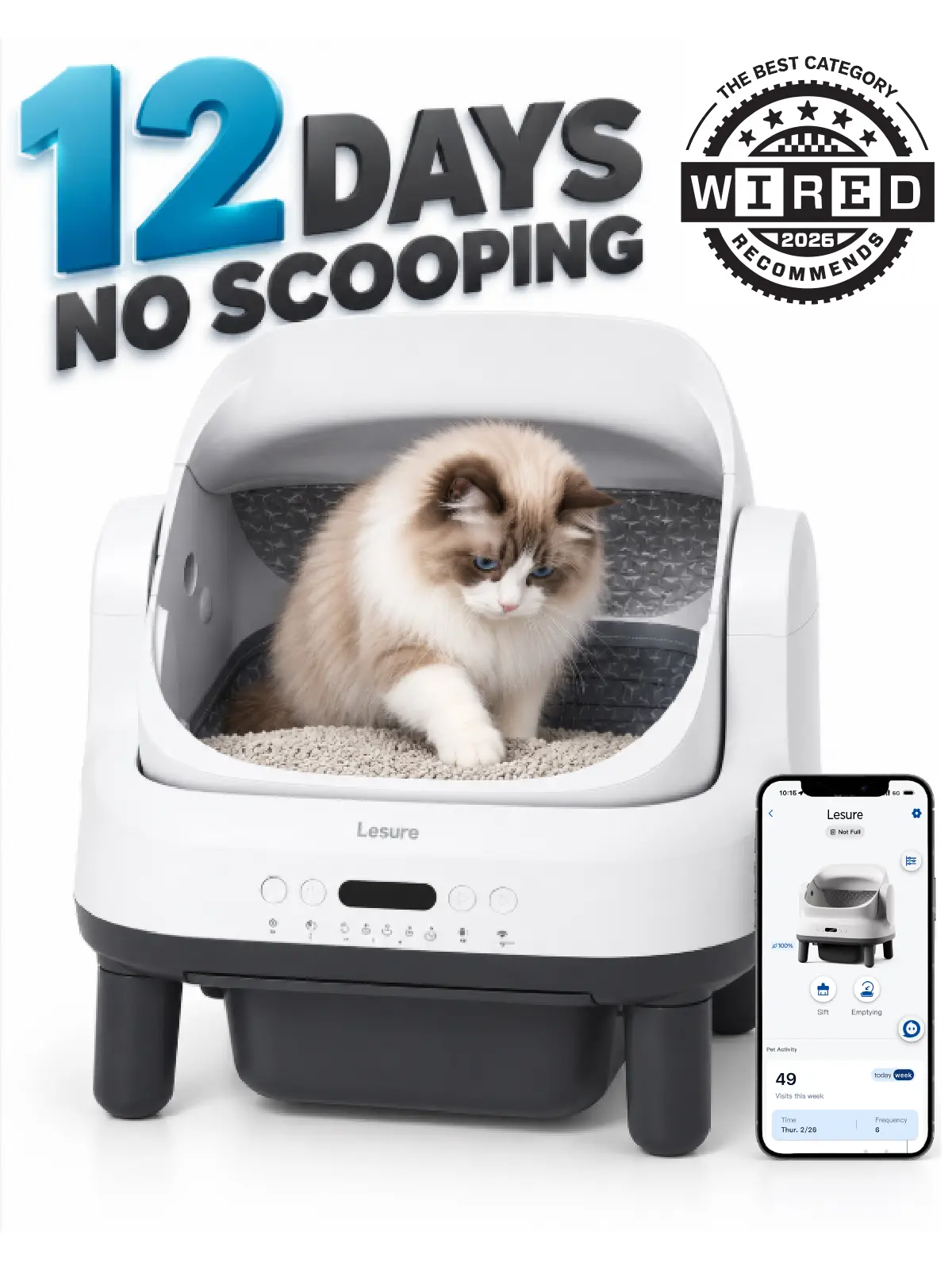 【Up to 12 Days Scoop-Free】LESURE Open-Top Automatic Self-Cleaning Litter Box for Multi-Cat Households, Smart APP Control & Safety Sensors, Odor-Free Pull-&-Wrap Sealed Drawer, All-litter Compatible, 8.9L Sealed Waste Bin, SohoChic,LitterNova